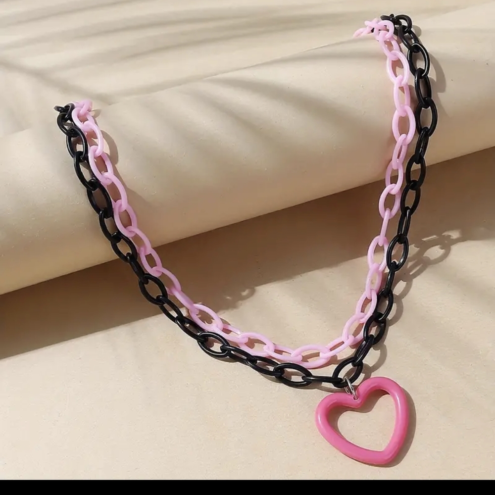 Playful Pink and Black Heart Necklace with Glossy Finish - Picture 1 of 5